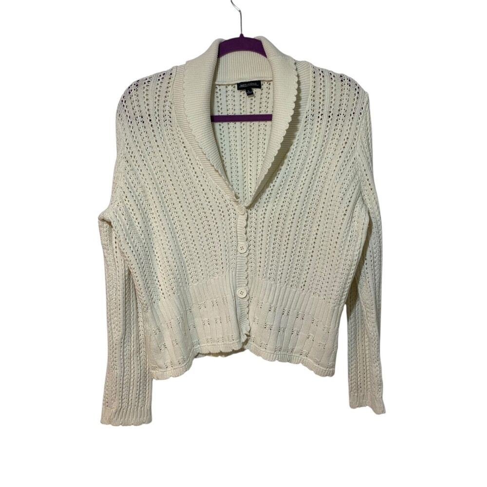 Notations Womens White Coquette Cottage Dainty Scalloped Cardigan Sweater L Boho